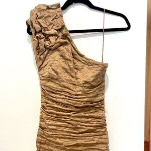 Vintage Nicole Miller Gold One-Shoulder Bodycon Ruched Dress